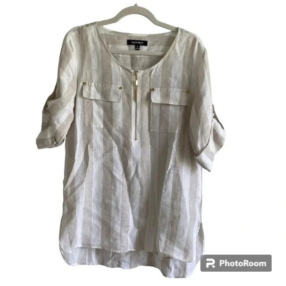 100% LINEN Ellen Tracy Striped Coastal Grandma Neutral Long Tunic Top Size S - Picture 4 of 14